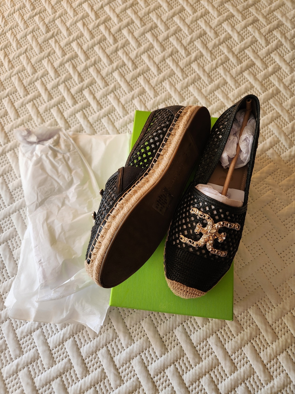 Sam Edelman Black Woven Espadrille Flats with Gold Emblem